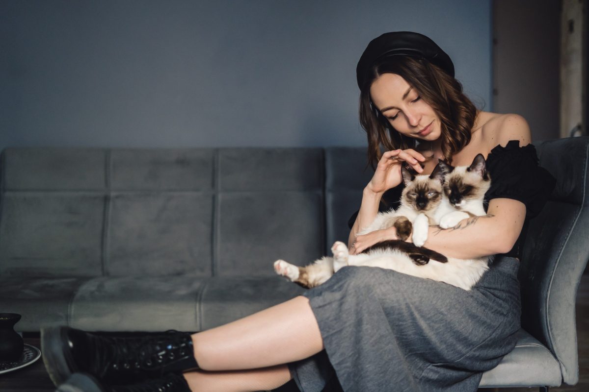 Attractive girl embracing her Siamese cats. Indoor portrait of cute woman playing with her two pets.